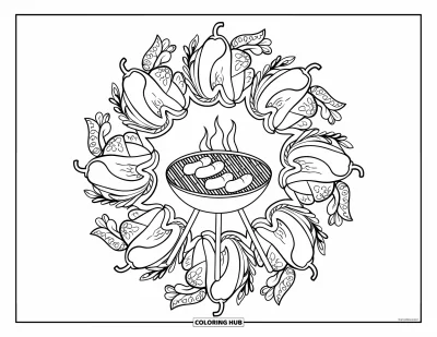 Coloriage du Texas pour adultes : Des saucisses grillent au centre d'une composition de piments aux motifs variés et d'herbes aromatiques