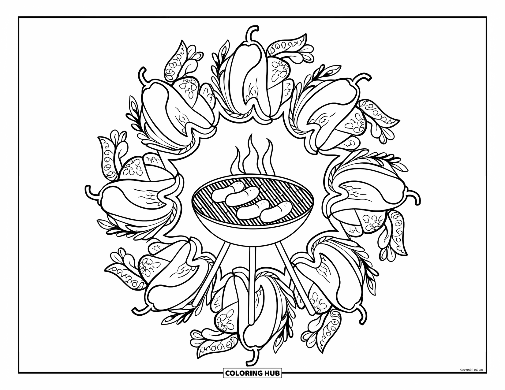 Texas Coloring Page for Adults: Sizzling sausages grill in the middle of patterned chilies and herbs