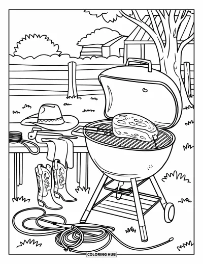 Coloriage du Texas pour enfants : Un fumoir à barbecue est posé à côté d'un chapeau de cowboy, de bottes et d'un lasso