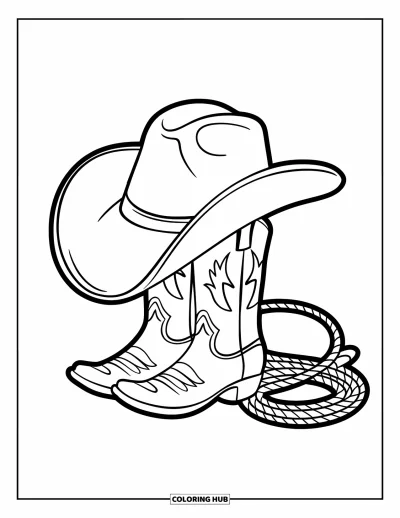 Coloriage du Texas pour enfants : Un grand chapeau de cowboy repose sur des bottes avec un lasso enroulé à côté