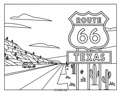 Coloriage du Texas pour enfants : Un grand panneau Route 66 Texas marque une route panoramique avec des cactus, des voitures et des collines lointaines
