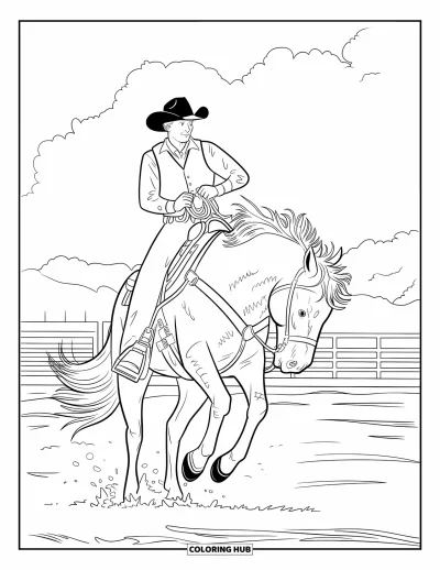 Coloriage du Texas pour enfants : Un cheval cabré soulève haut un cowboy sous les regards de spectateurs derrière la barrière