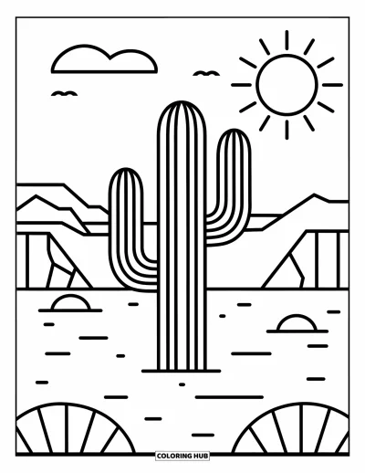 Coloriage du Texas pour enfants : Un cactus pousse dans le désert avec des rochers, des nuages et un soleil couchant