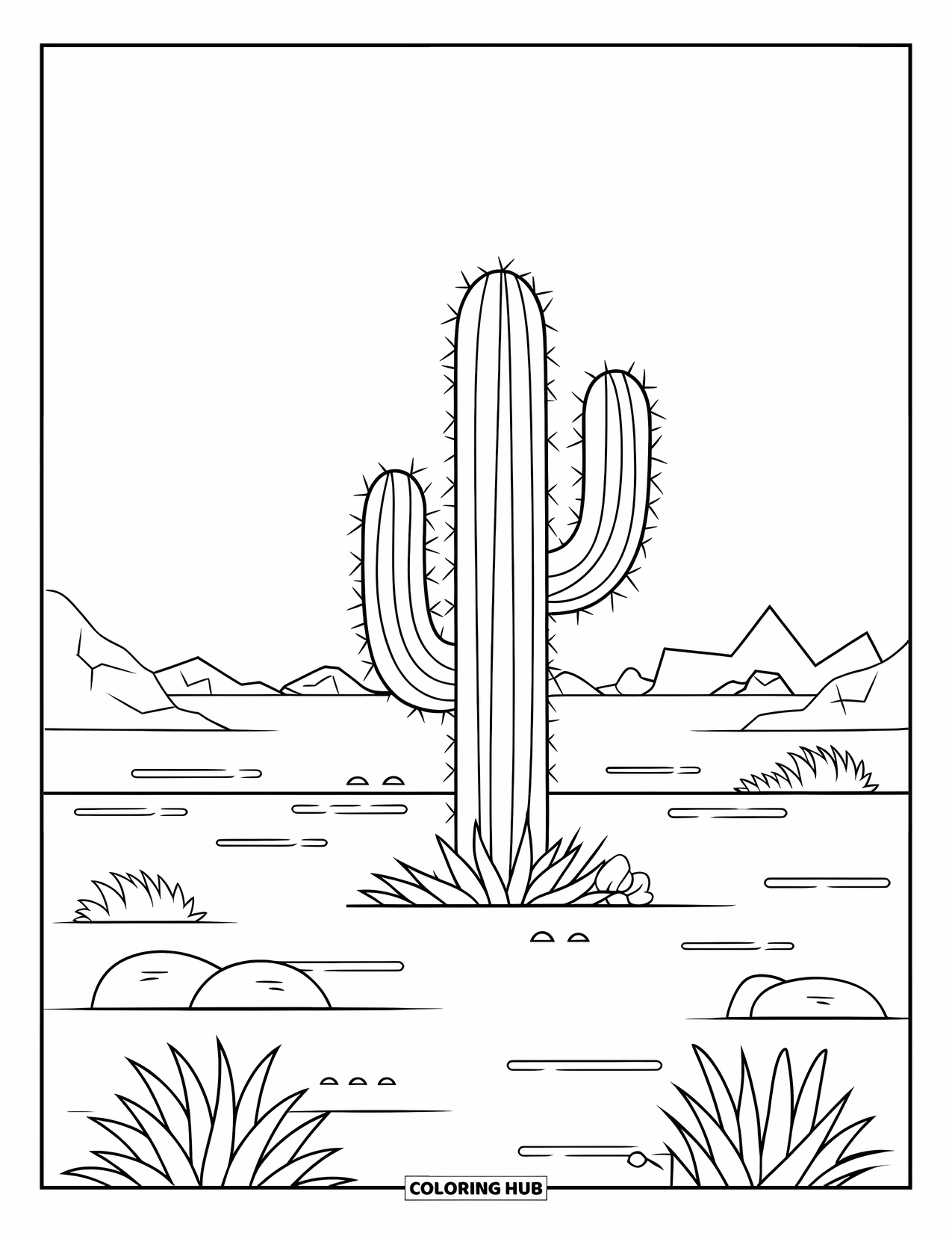 Texas Coloring Page for Kids: A cactus with three arms grows in a quiet Texas desert with rocks and sky