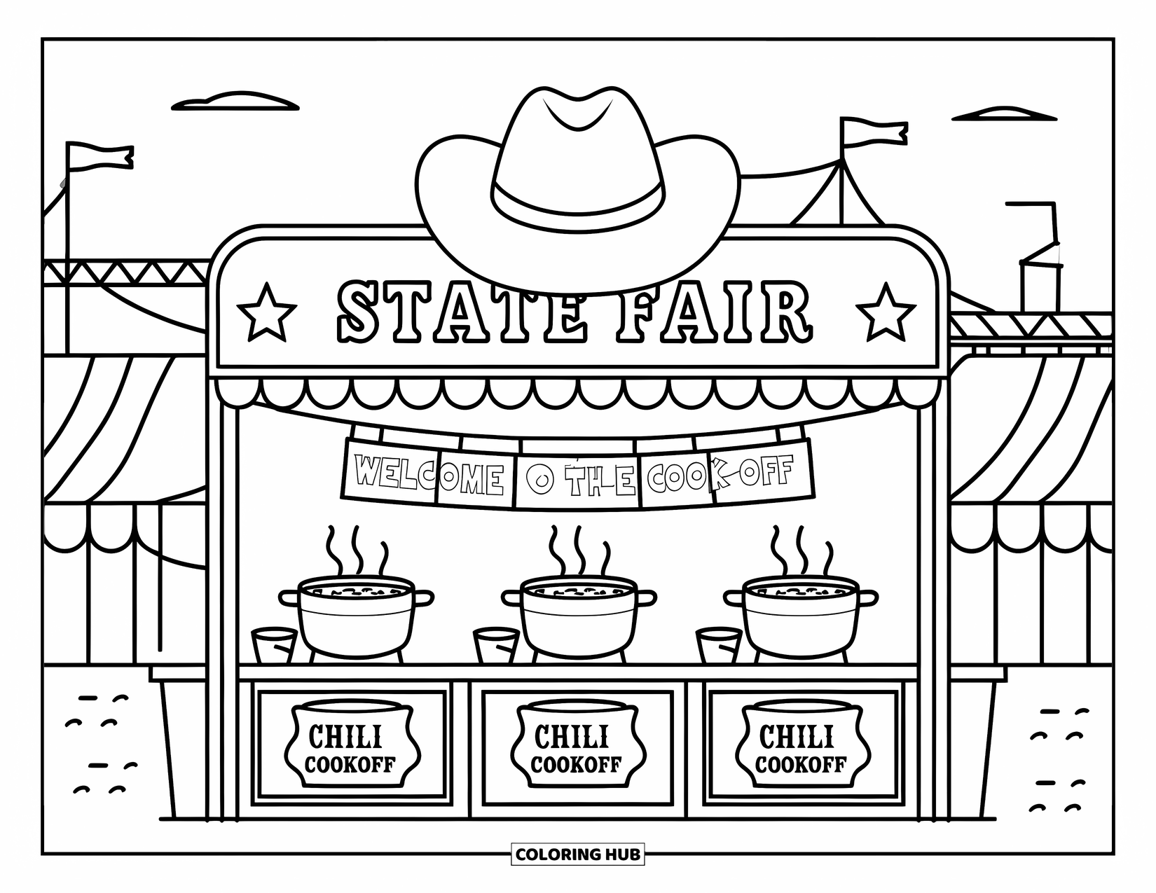Texas Coloring Page for Kids: A chili cookoff booth with a cowboy hat sign welcomes visitors with banners and fair tents