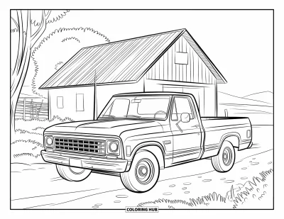 Coloriage du Texas pour enfants : Un camion classique et une petite grange sont entourés d'arbres, d'une clôture et d'un chemin de terre