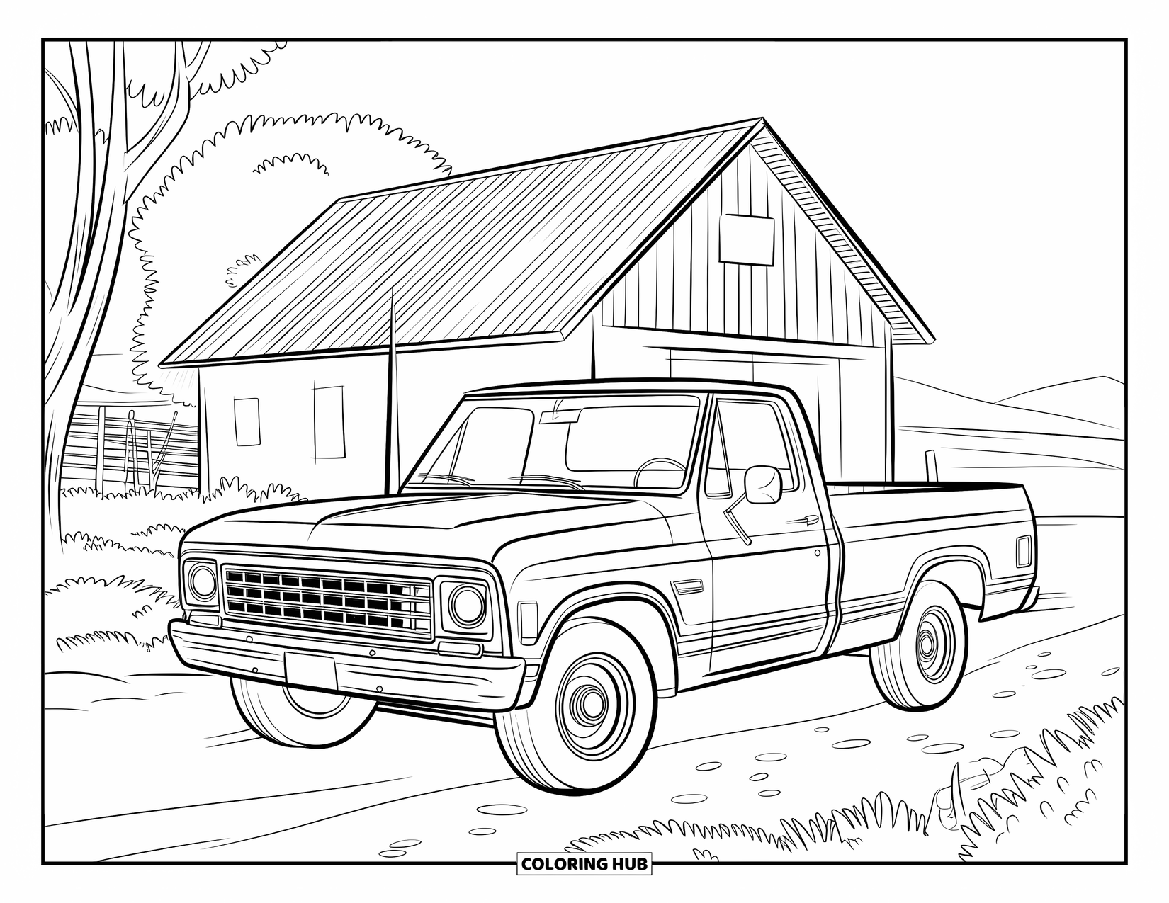 Texas Coloring Page for Kids: A classic truck and small barn sit near trees, a fence, and a dirt road