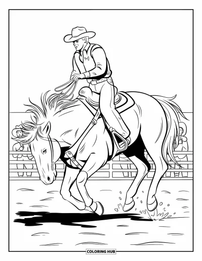 Coloriage du Texas pour enfants : Un cowboy s'accroche fermement à un cheval cabré sous les acclamations du public du rodéo