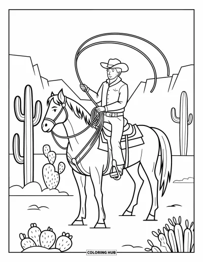 Coloriage du Texas pour enfants : Un cowboy à cheval fait tournoyer son lasso sous le soleil du désert