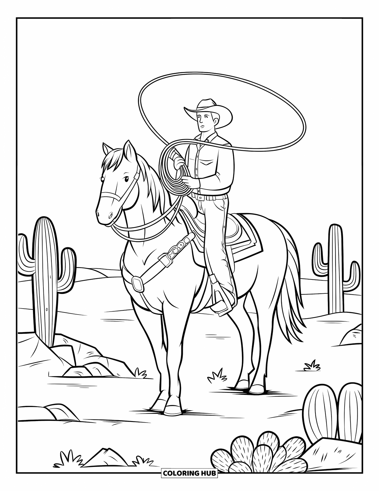 Texas Coloring Page for Kids: A cowboy rides a saddled horse across a cactus-filled desert