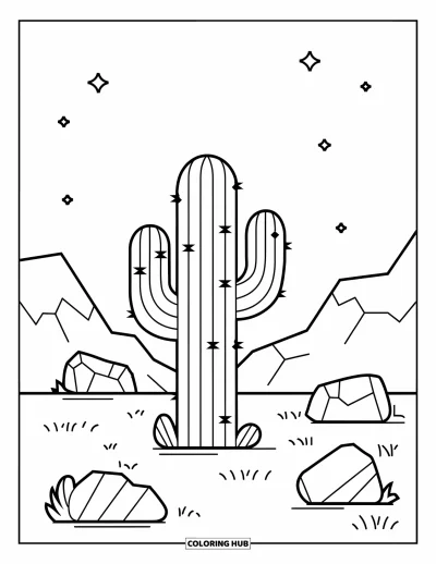 Coloriage du Texas pour enfants : Un cactus du désert pousse près de rochers et de silhouettes de montagnes sous les étoiles