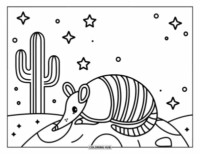 Coloriage du Texas pour enfants : Un tatou joyeux se roule en boule devant un rocher entouré d'étoiles et de cactus