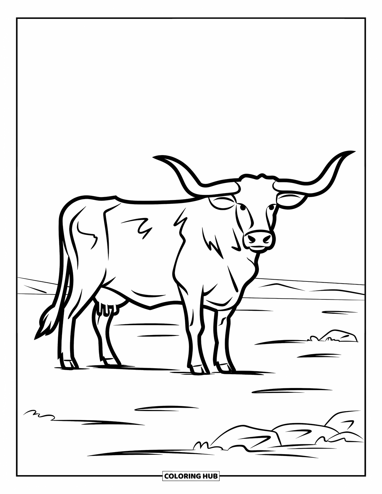 Texas Coloring Page for Kids: A large-horned cow stands on a flat plain with scattered rocks