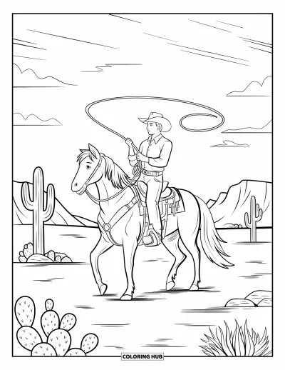 Coloriage du Texas pour enfants : Un cowboy avec un lasso traverse à cheval un désert rocheux