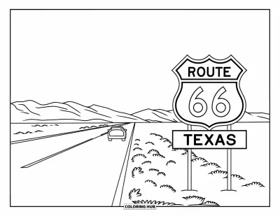 Coloriage du Texas pour enfants : Une longue route texane s'étire vers les montagnes avec un panneau Route 66 et des voitures