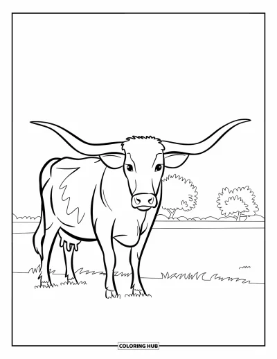 Coloriage du Texas pour enfants : Une vache longhorn se tient dans une plaine avec des arbres et un ciel dégagé derrière elle