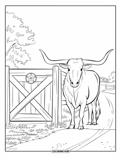 Coloriage du Texas pour enfants : Un longhorn se tient près d'un portail de ranch avec une étoile et un chemin de terre