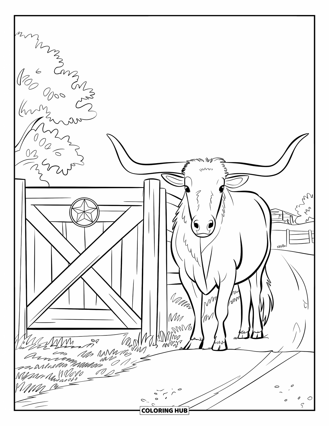 Texas Coloring Page for Kids: A longhorn stands near a ranch gate with a star emblem and dirt road