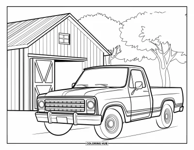 Coloriage du Texas pour enfants : Un pick-up arborant un drapeau du Texas est garé près d'une grange et de quelques arbres