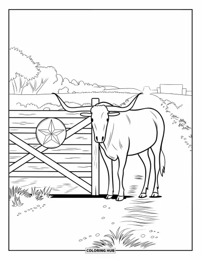 Coloriage du Texas pour enfants : Un fier longhorn observe près d'un portail ouvert et d'un chemin poussiéreux