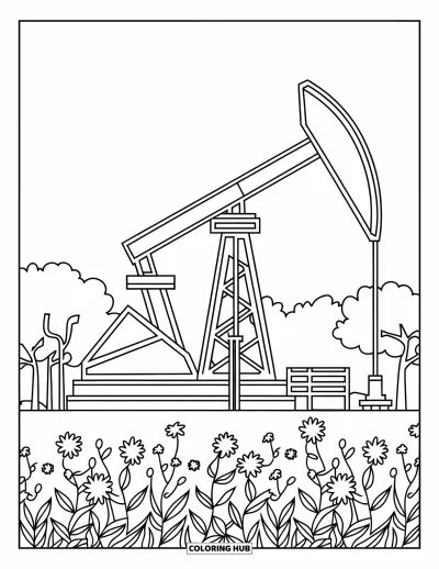 Coloriage du Texas pour enfants : Un derrick en action se dresse à côté d'un paisible champ de fleurs sauvages
