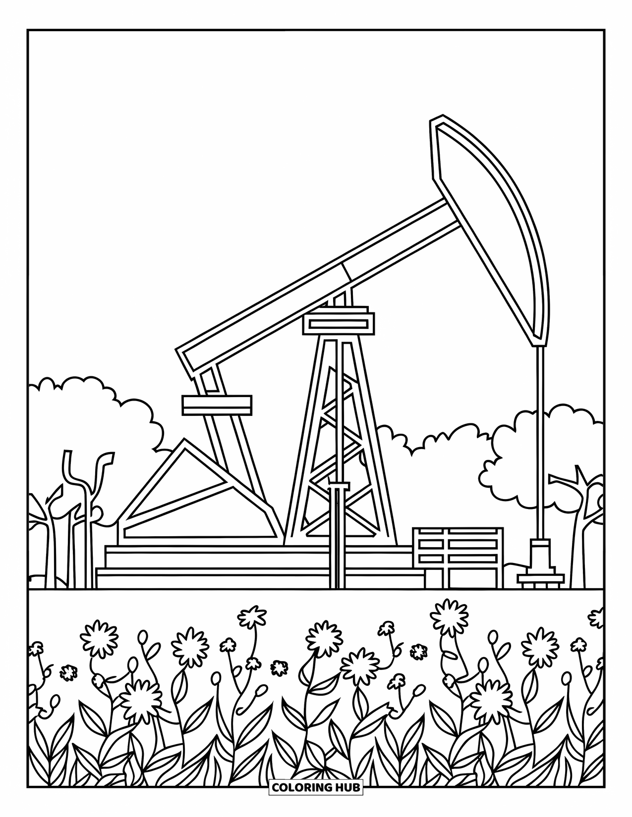 Texas Coloring Page for Kids: A pumping oil rig stands beside a peaceful wildflower field