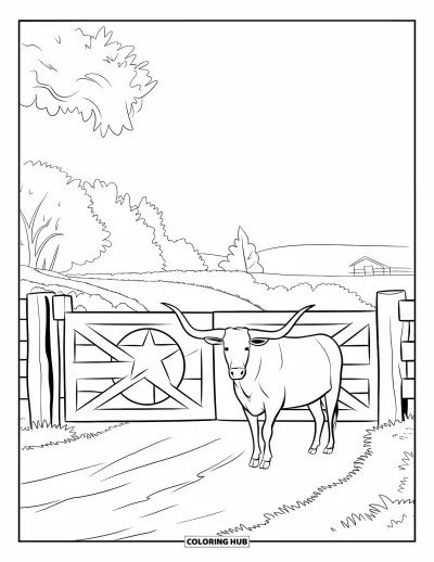 Coloriage du Texas pour enfants : Un portail de ranch orné d'une étoile se dresse près d'un longhorn et d'un bâtiment lointain