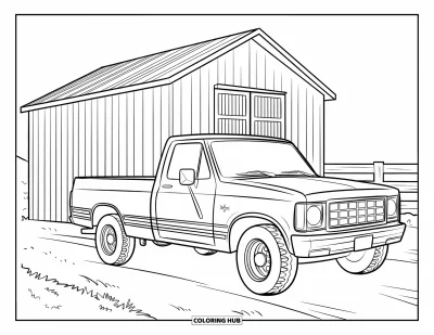 Coloriage du Texas pour enfants : Un camion à rayures rouges est garé près d'une grange en bois et d'une clôture