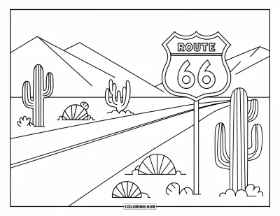 Coloriage du Texas pour enfants : Un panneau Route 66 se dresse au bord d'une route désertique bordée de cactus et de montagnes