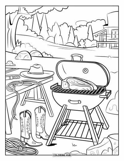 Coloriage du Texas pour enfants : Un fumoir rustique avec du brisket fume à côté d'outils de cowboy et d'arbres
