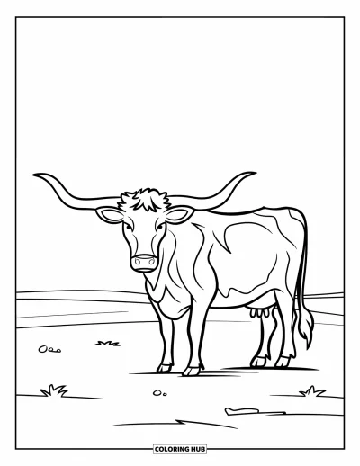 Coloriage du Texas pour enfants : Une vache longhorn se tient dans une plaine avec quelques formes dispersées autour d'elle