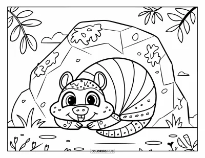 Coloriage du Texas pour enfants : Un tatou souriant se repose près d'un rocher entouré de feuilles et de fleurs