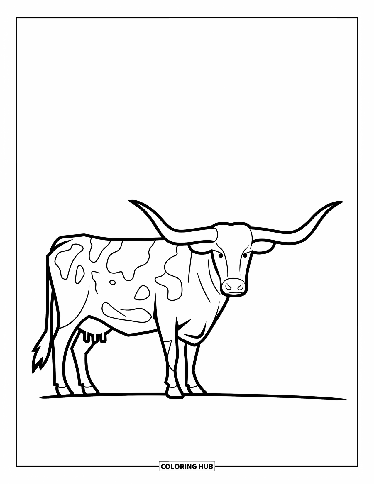 Texas Coloring Page for Kids: A spotted longhorn stands alone on a plain with no background details