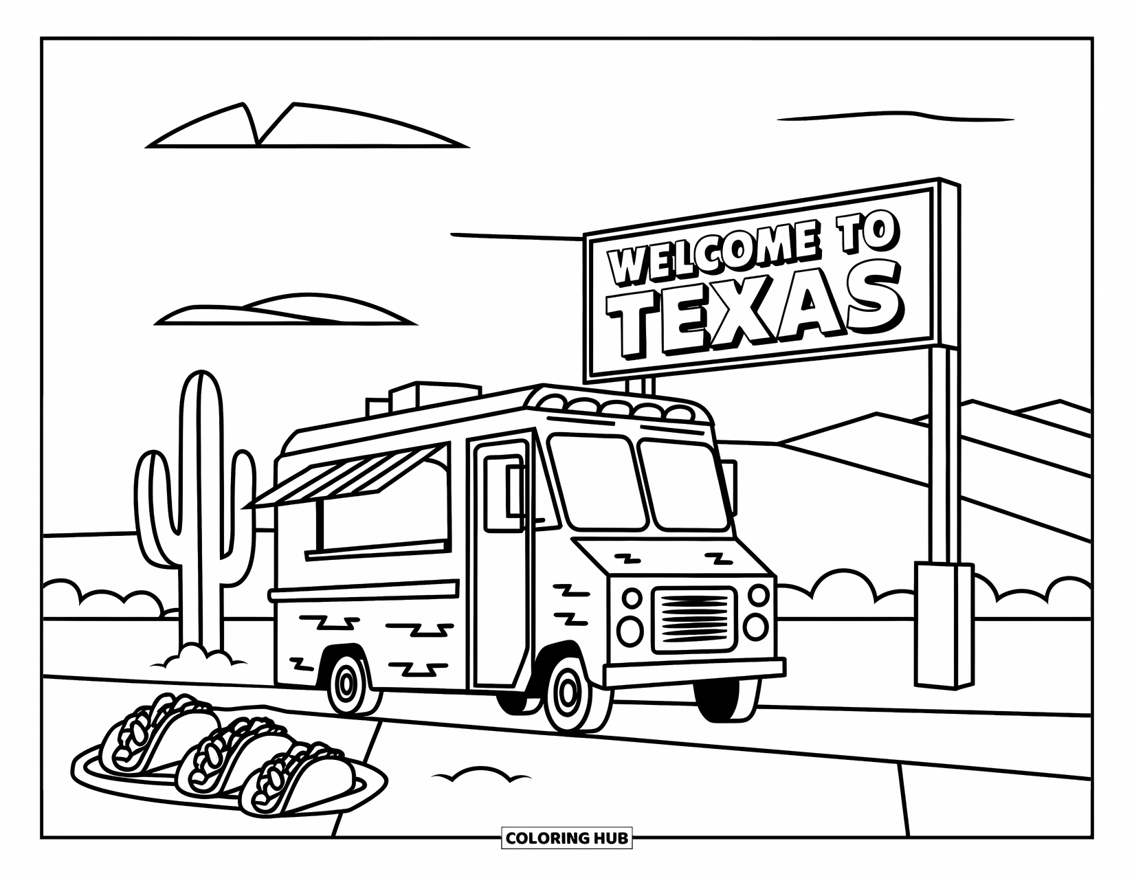 Texas Coloring Page for Kids: A taco truck with tacos and cacti welcomes visitors to the Lone Star State
