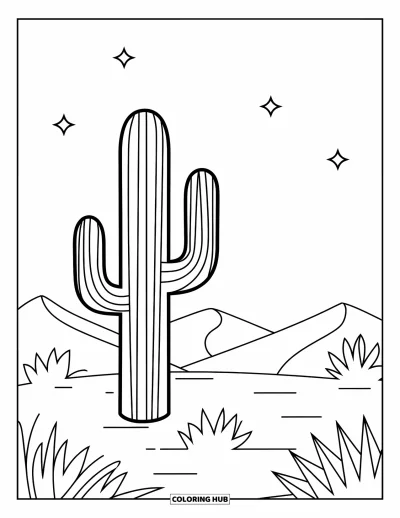 Coloriage du Texas pour enfants : Un grand cactus se dresse parmi des dunes de sable sous un ciel étoilé