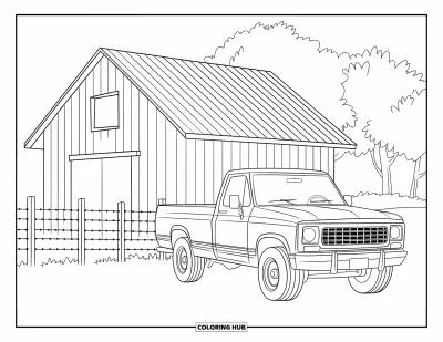 Coloriage du Texas pour enfants : Un camion et une grange se dressent derrière une clôture en bois et quelques arbres épars