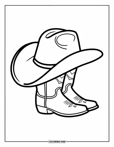 Coloriage du Texas pour enfants : Un chapeau de cowboy à larges bords est posé sur des bottes sur un fond simple