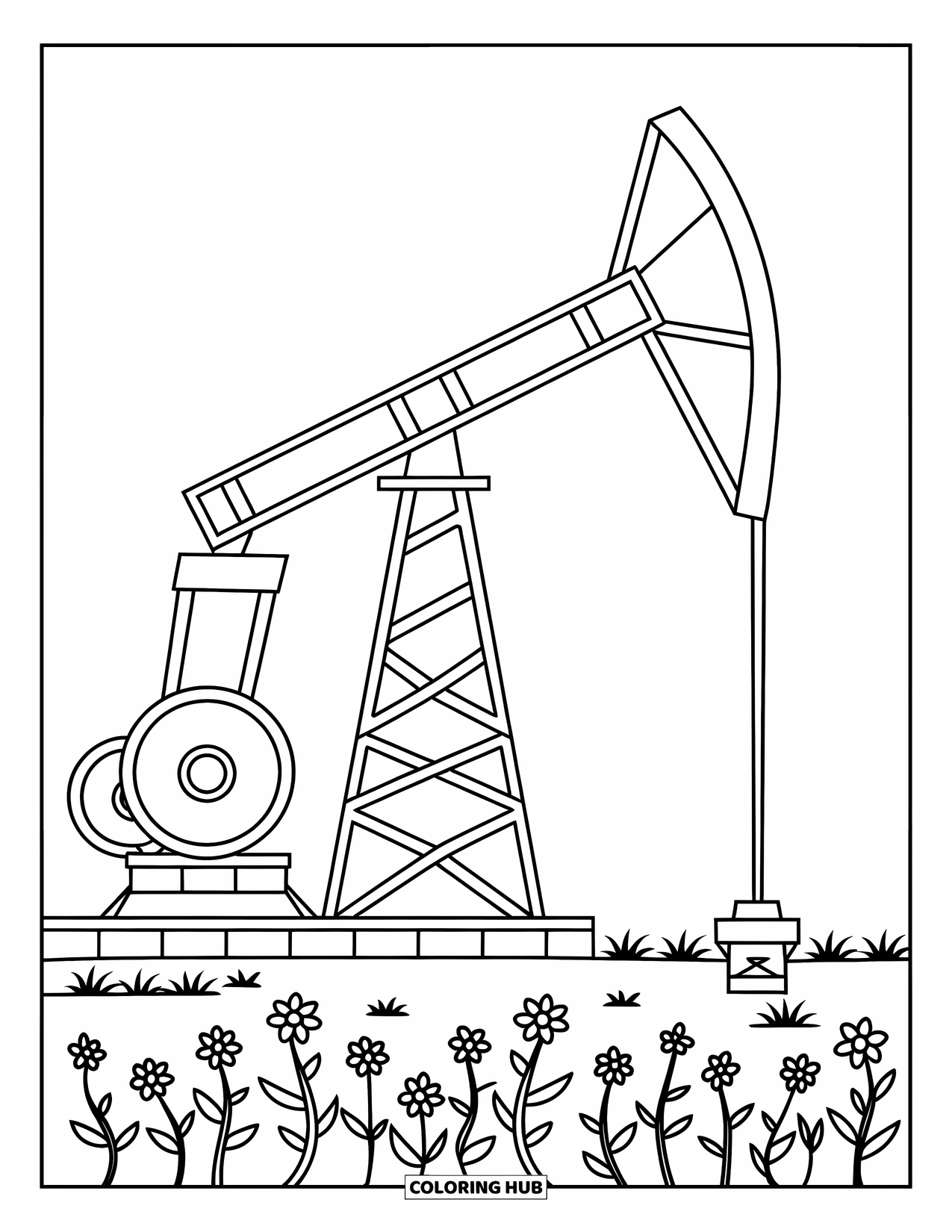 Texas Coloring Page for Kids: A working oil rig towers over small flowers in a quiet open field