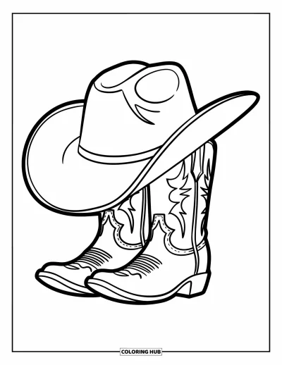 Coloriage du Texas pour enfants : Un vieux chapeau de cowboy et des bottes reposent ensemble sur un fond neutre