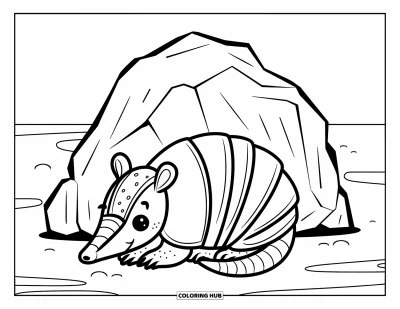Coloriage du Texas pour enfants : Un tatou à la carapace ronde se repose près d'un grand rocher sur un fond simple