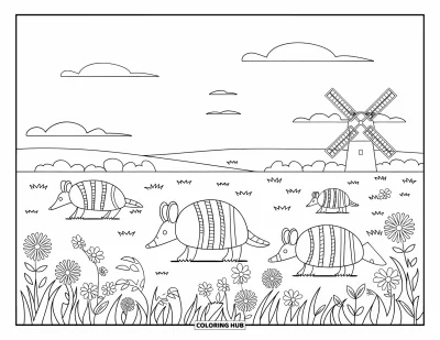 Coloriage du Texas pour enfants : Des tatous et des fleurs animent la prairie pendant qu'un moulin à vent tourne au loin