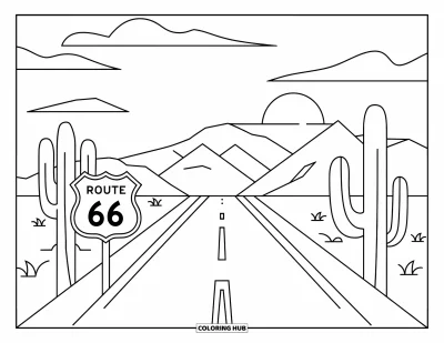 Coloriage du Texas pour enfants : Des cactus et un coucher de soleil entourent un panneau Route 66 le long d'une paisible route désertique