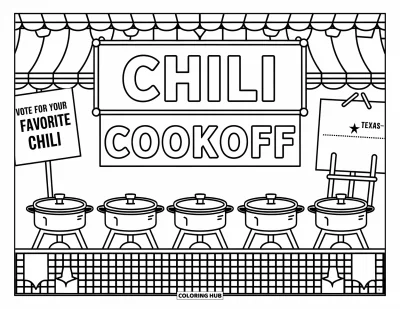 Coloriage du Texas pour enfants : Des marmites de chili et des banderoles décorent un stand festif avec des panneaux et une nappe à carreaux
