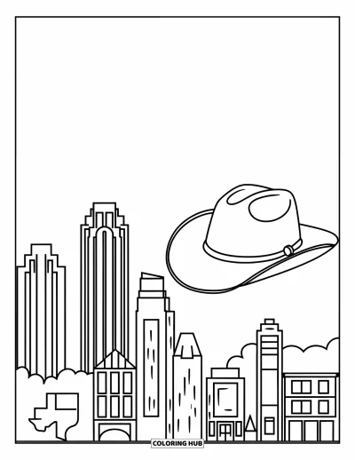 Coloriage du Texas pour enfants : Des gratte-ciel et un chapeau de cowboy forment un panorama texan amusant