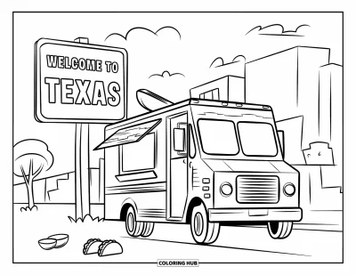 Coloriage du Texas pour enfants : Des tacos et des limes sont posés près d'un camion-taco à côté d'un panneau de bienvenue texan
