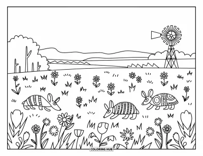 Coloriage du Texas pour enfants : Des fleurs sauvages et des tatous ponctuent une prairie tranquille avec un moulin à vent au loin