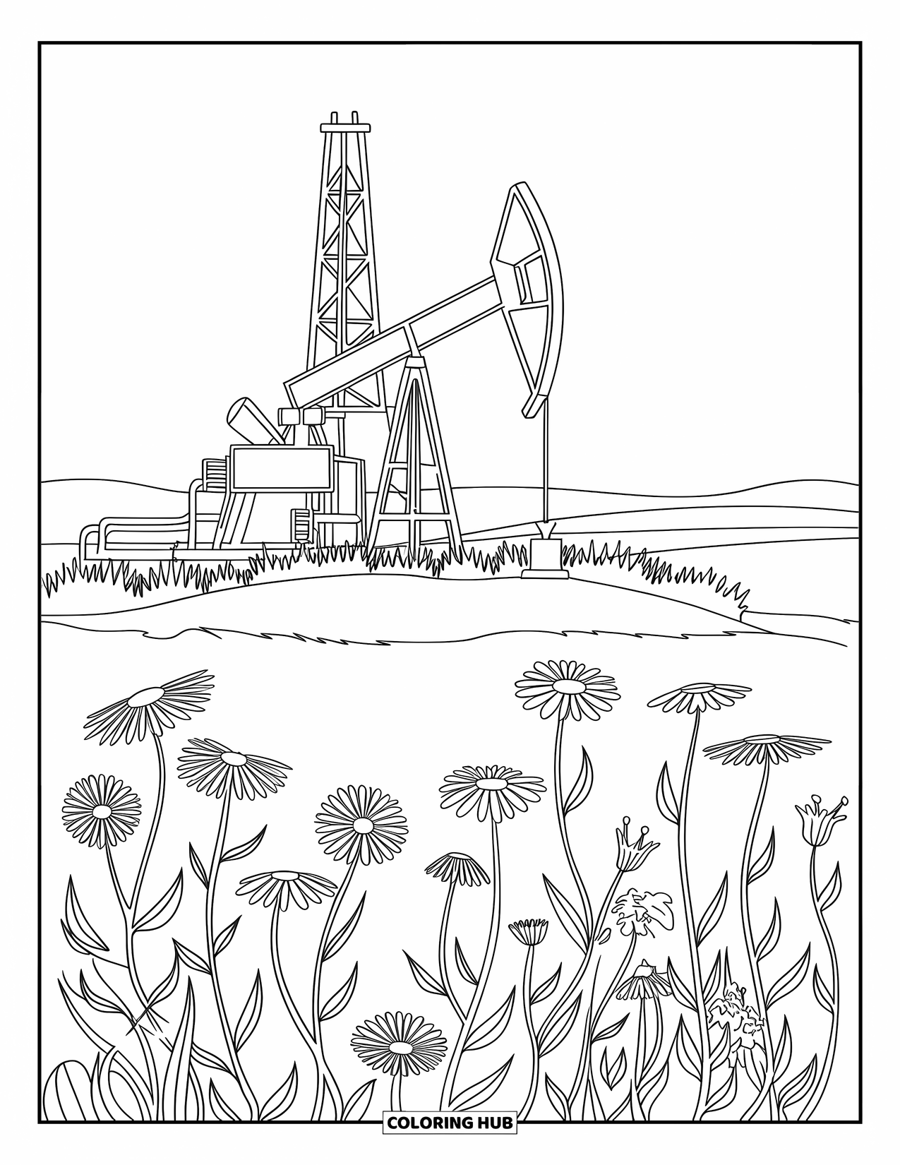 Texas Coloring Page for Kids: Wildflowers bloom near a metal oil rig under an open sky
