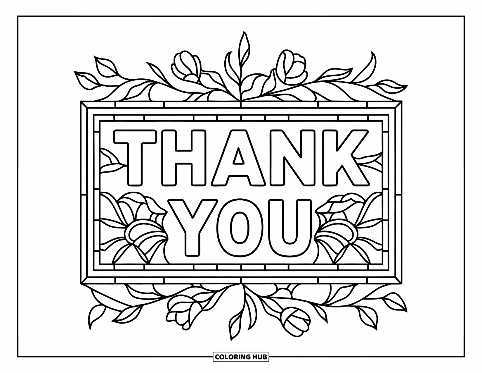 Thank You Teacher Coloring Page for Adults: A bookmark design with "Thank You" wrapped in floral stained glass vines