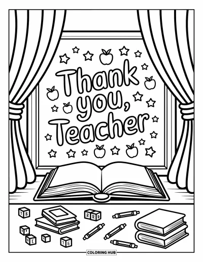 Kiitos opettaja -värityskuva aikuisille: Luokkahuonekuvaus tekstillä "Thank You, Teacher" ja tähtien sekä omenoiden banderolilla