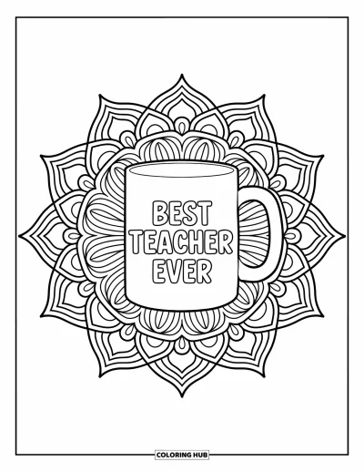 Kiitos opettaja -värityskuva aikuisille: Yksityiskohtainen mandalakuvio, jonka sisällä on "Best Teacher Ever" -muki